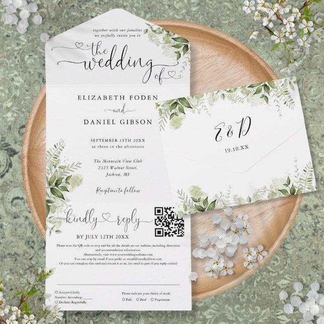 Invitation Tout En Un Mariage Code QR Floral Vert Écriture Cœur (Heart Script Greenery Floral QR Code Wedding All In One Invitation)