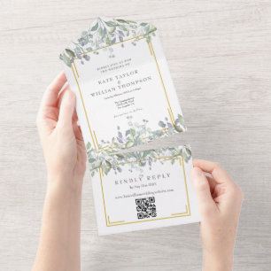 Invitation Tout En Un Mariage Code QR Géométrique Or Floral Lilas Sage