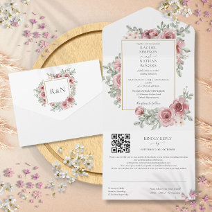 Invitation Tout En Un Mariage Code QR Géométrique Rose Poussiéreuse Flor