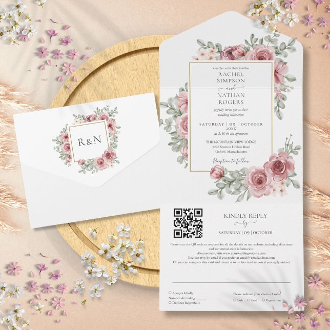 Invitation Tout En Un Mariage Code QR Géométrique Rose Poussiéreuse Flor (Floral Dusty Rose Gold Geometric QR Code Wedding All In One Invitation)