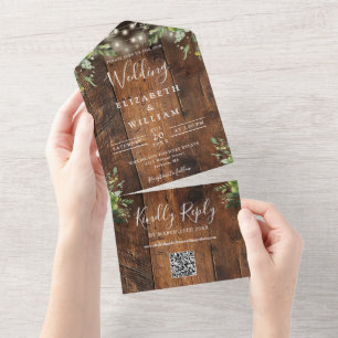 Invitation Tout En Un Mariage Code QR Lumières de Verdure en Bois Rustiq