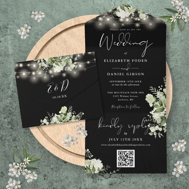 Invitation Tout En Un Mariage Code QR Lumières Florales Noir Et Blanc (Black And White Floral Lights QR Code Wedding All In One Invitation)