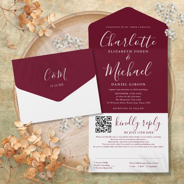 Invitation Tout En Un Mariage Code QR Moderne Rouge Bourgogne (Burgundy Red Modern Script QR Code Wedding All In One Invitation)