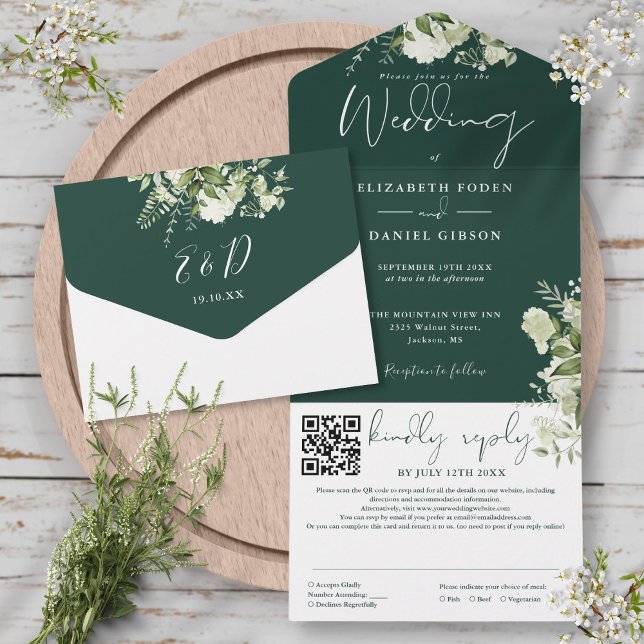 Invitation Tout En Un Mariage Code QR Monogramme Floral Vert Emeraude (Emerald Green Floral Monogram QR Code Wedding All In One Invitation)