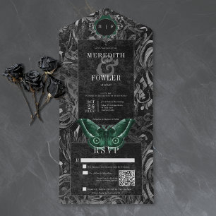 Invitation Tout En Un Mariage code QR Moth filigree vert gothique noir