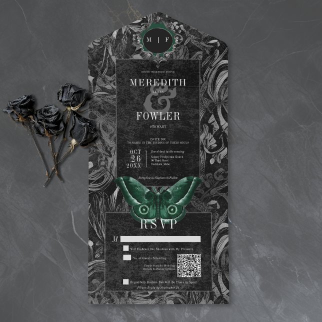 Invitation Tout En Un Mariage code QR Moth filigree vert gothique noir (Créateur téléchargé)