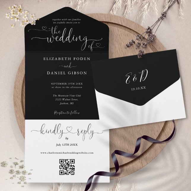 Invitation Tout En Un Mariage Code QR Noir et Blanc Script Hearts (Script Hearts Black And White QR Code Wedding All In One Invitation)