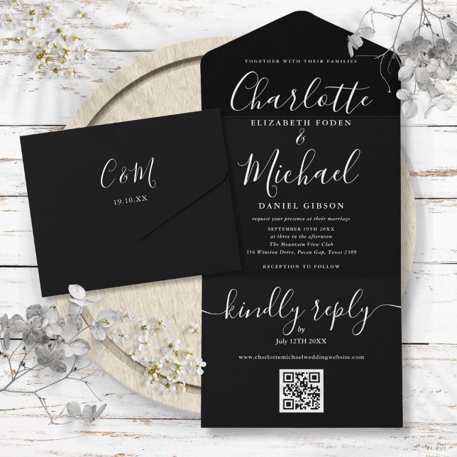Invitation Tout En Un Mariage Code QR Noir et Blanc Script Signature  (Signature Script Black And White QR Code Wedding All In One Invitation)
