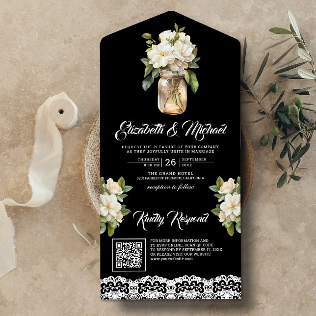 Invitation Tout En Un Mariage Code QR Noir Pot Mason Magnolia Blanche (Créateur téléchargé)