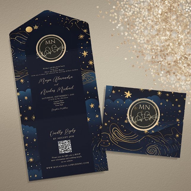 Invitation Tout En Un Mariage Code QR Or de la Marine Céleste (Créateur téléchargé)