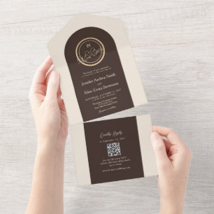 Invitation Tout En Un Mariage Code QR Or Marron Espresso