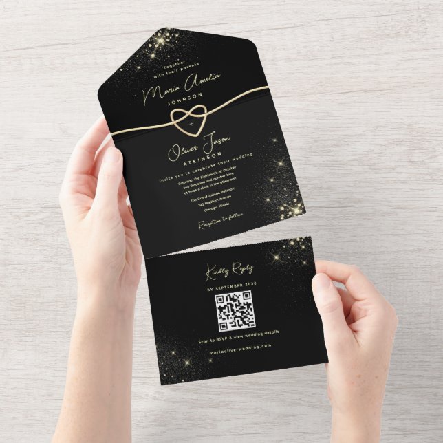 Invitation Tout En Un Mariage Code QR Or Noir Luxe (Déchirure)