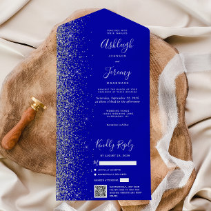 Invitation Tout En Un Mariage Code QR Paillettes Argent Bleu Royal