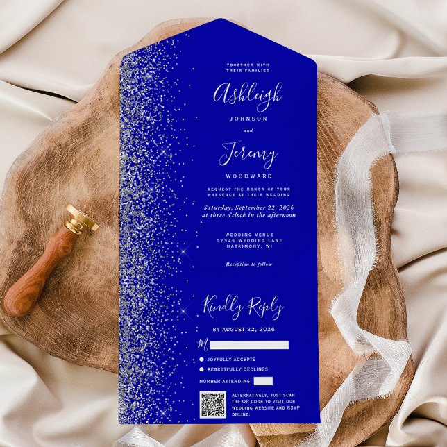 Invitation Tout En Un Mariage Code QR Paillettes Argent Bleu Royal (Créateur téléchargé)