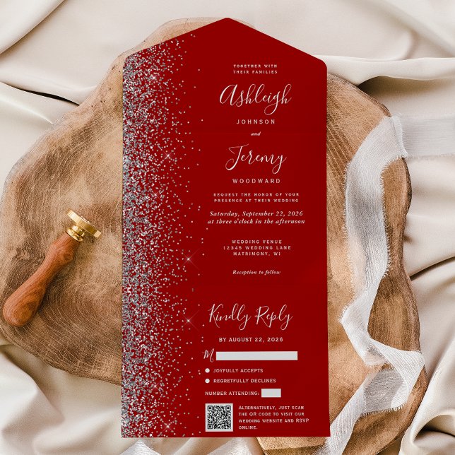 Invitation Tout En Un Mariage Code QR Paillettes Argent Rouge Grenat (Créateur téléchargé)