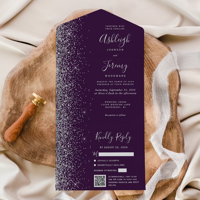 Invitation Tout En Un Mariage Code QR Paillettes Argent Violet Moderne (Créateur téléchargé)
