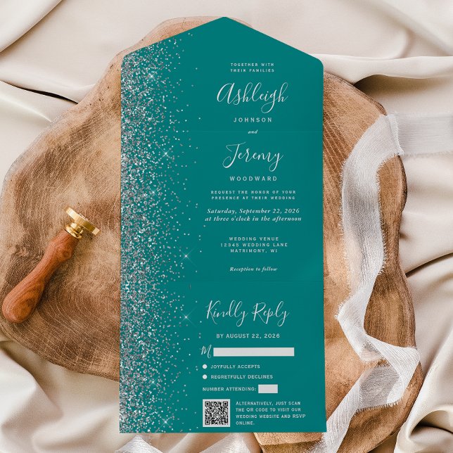 Invitation Tout En Un Mariage Code QR Paillettes Bleu Turquoise Argent (Créateur téléchargé)