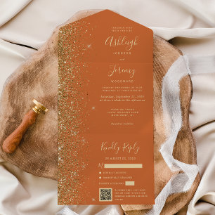 Invitation Tout En Un Mariage Code QR Paillettes Or Orange Brûlé Moderne