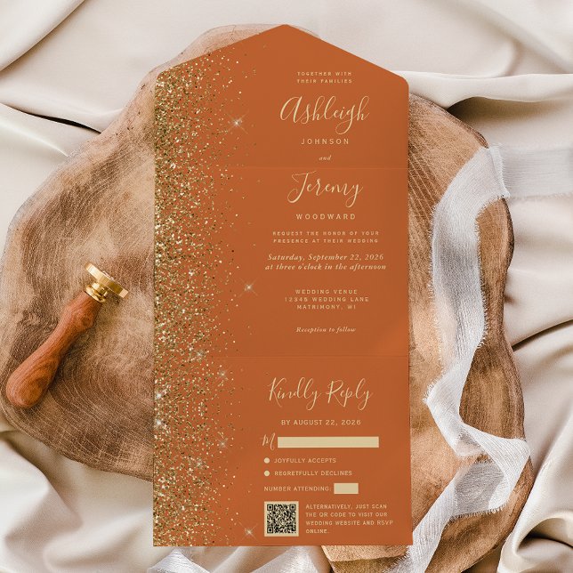 Invitation Tout En Un Mariage Code QR Paillettes Or Orange Brûlé Moderne (Créateur téléchargé)