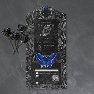 Invitation Tout En Un Mariage Code QR Papillon Filigrane Noir Bleu Gothi