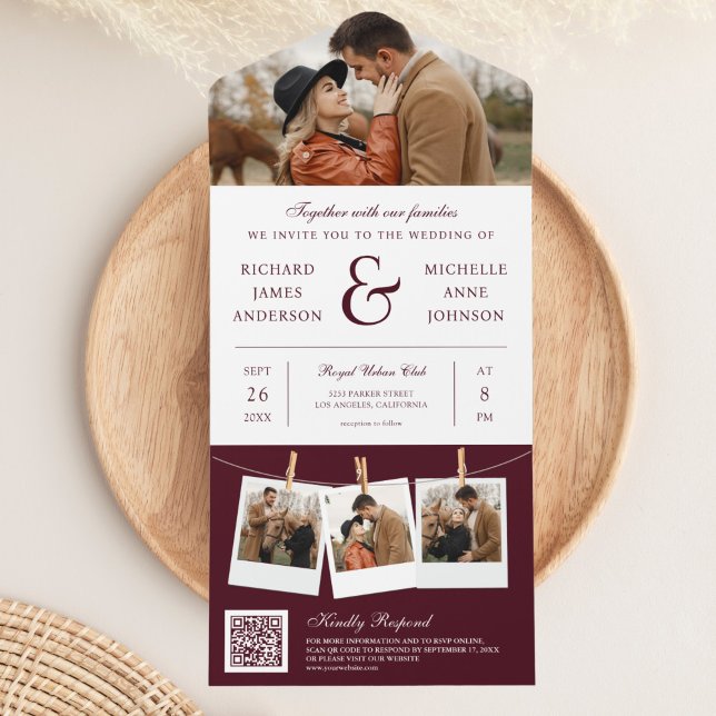 Invitation Tout En Un Mariage Code QR Photo Esperluette Bourgogne Modern (Créateur téléchargé)