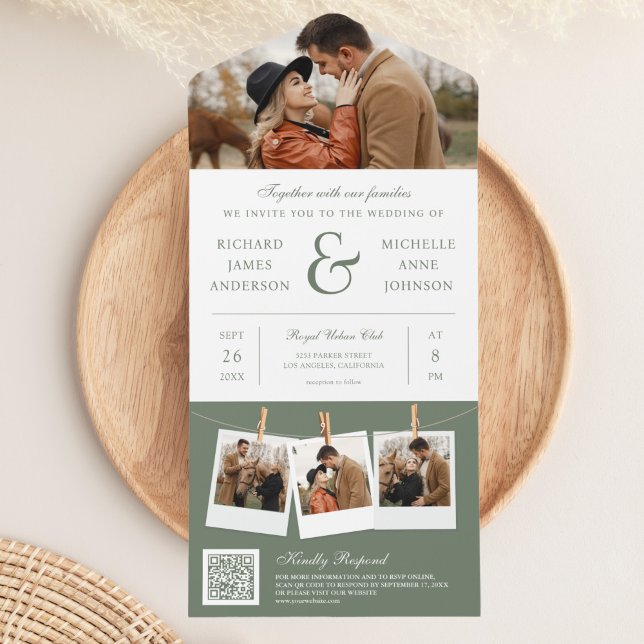 Invitation Tout En Un Mariage Code QR Photo Esperluette Vert Sauge Moder (Créateur téléchargé)