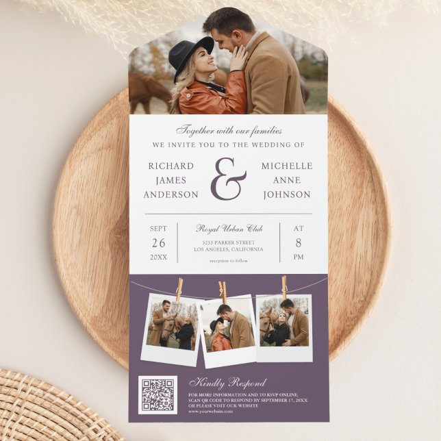 Invitation Tout En Un Mariage Code QR Photo Esperluette Violet Moderne (Créateur téléchargé)