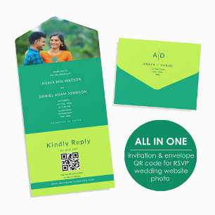 Invitation Tout En Un Mariage Code QR Photo Moderne Vert Citron