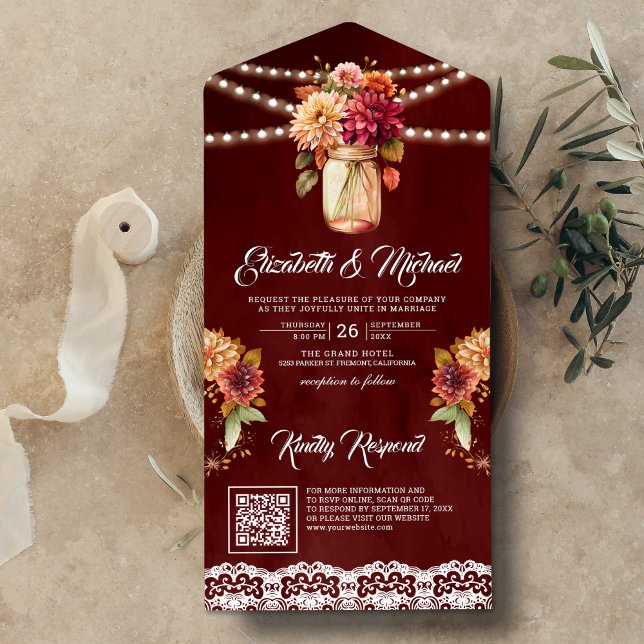 Invitation Tout En Un Mariage Code QR Pot Mason Dahlia Automne Bourgogne (Créateur téléchargé)