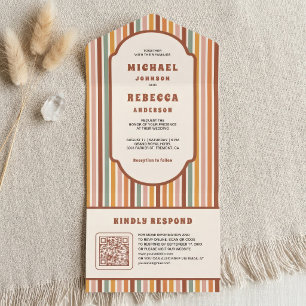 Invitation Tout En Un Mariage Code QR Rayures Colorées Rétro 70