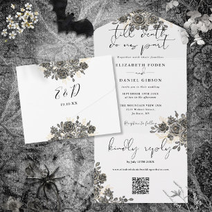 Invitation Tout En Un Mariage Code QR Roses Florales Gothiques Élégantes