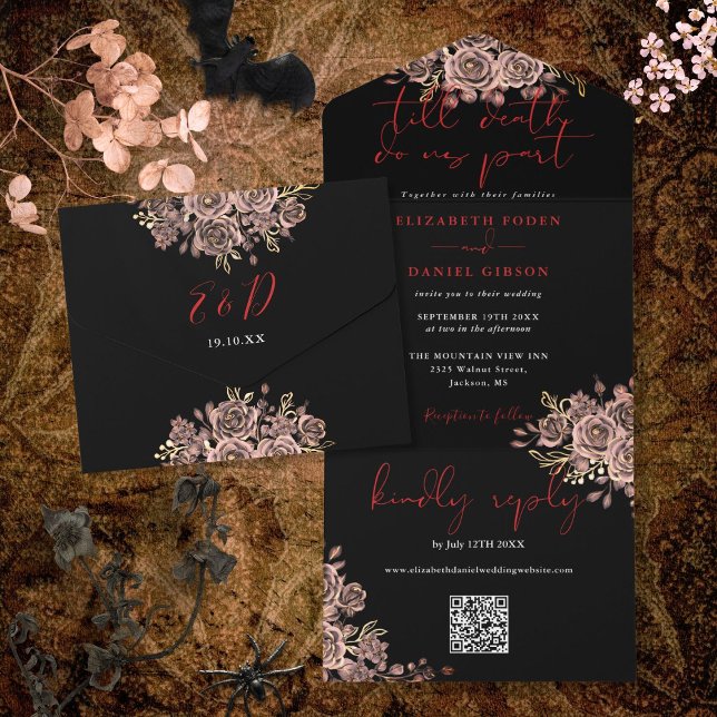 Invitation Tout En Un Mariage Code QR Roses Gothiques Noir Et Rouge (Black And Red Gothic Roses QR Code Wedding All In One Invitation)