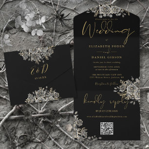 Invitation Tout En Un Mariage Code QR Roses Noir et Or Gothique