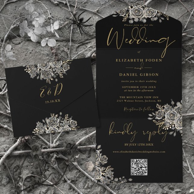 Invitation Tout En Un Mariage Code QR Roses Noir et Or Gothique (Gothic Black And Gold Roses QR Code Wedding All In One Invitation)