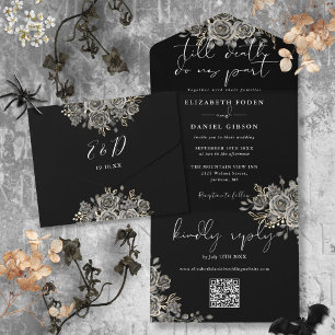 Invitation Tout En Un Mariage Code QR Roses Noires et Blanches Gothiques