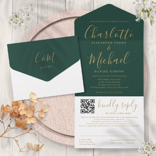 Invitation Tout En Un Mariage Code QR Script Vert Émeraude Et Or