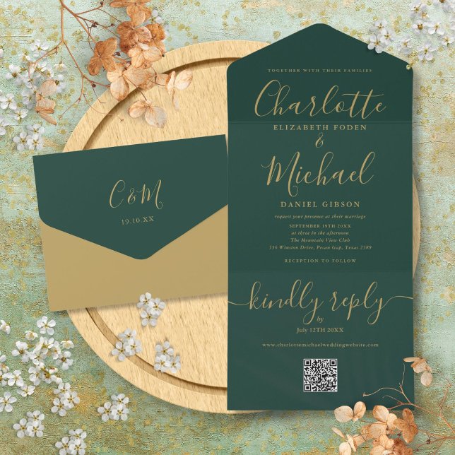 Invitation Tout En Un Mariage Code QR Vert Emeraude Et Or (Emerald Green And Gold QR Code Wedding All In One Invitation)