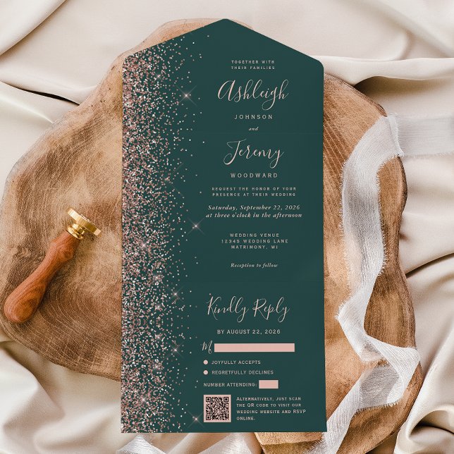 Invitation Tout En Un Mariage Code QR Vert Foncé Paillettes Or Rose (Créateur téléchargé)