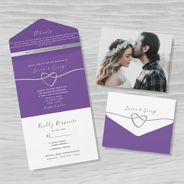 Invitation Tout En Un Mariage Cœur Argent Violet (Créateur téléchargé)