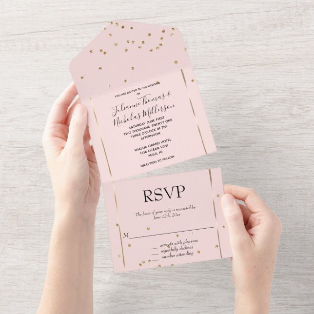 Invitation Tout En Un Mariage Confetti en or rose (Déchirure)