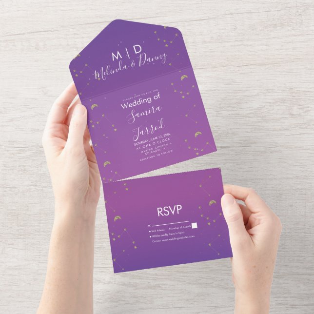 Invitation Tout En Un Mariage Constellation Or Pourpre Ombré (Déchirure)