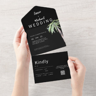 Invitation Tout En Un Mariage contemporain avec code QR noir et palmier