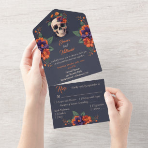 Invitation Tout En Un Mariage crâne floral gothique élégant 3D