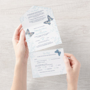 Invitation Tout En Un Mariage crème papillons repas RSVP détails