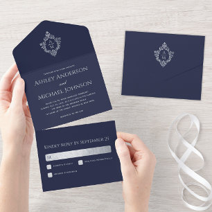 Invitation Tout En Un Mariage Crest Marine Blue Faux Silver Foil Vintage