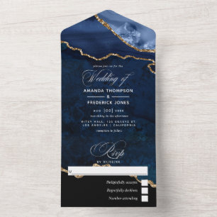 Invitation Tout En Un Mariage d'âge bleu et or de la marine