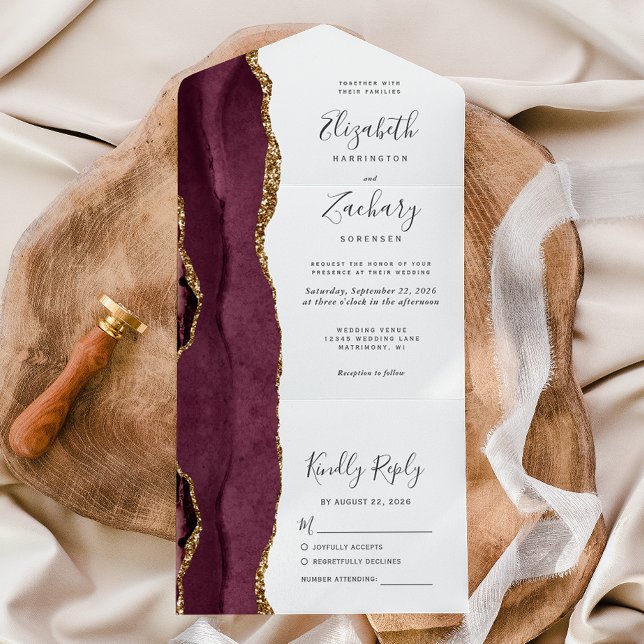Invitation Tout En Un Mariage d'âge or de Bourgogne moderne (Créateur téléchargé)