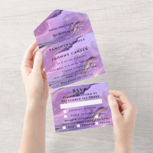 Invitation Tout En Un Mariage d'âge or en marbre violet tout en un