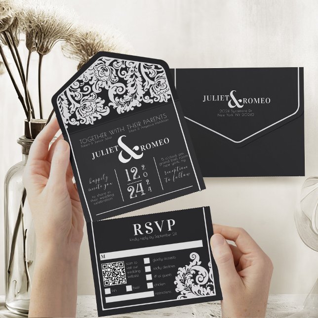 Invitation Tout En Un Mariage damassé florale moderne noir et blanc (modern black and white wedding theme elegant damask all in one wedding invitation and rsvp card)