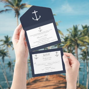 Invitation Tout En Un Mariage d'Ancres nautiques simple   Bleu Marine